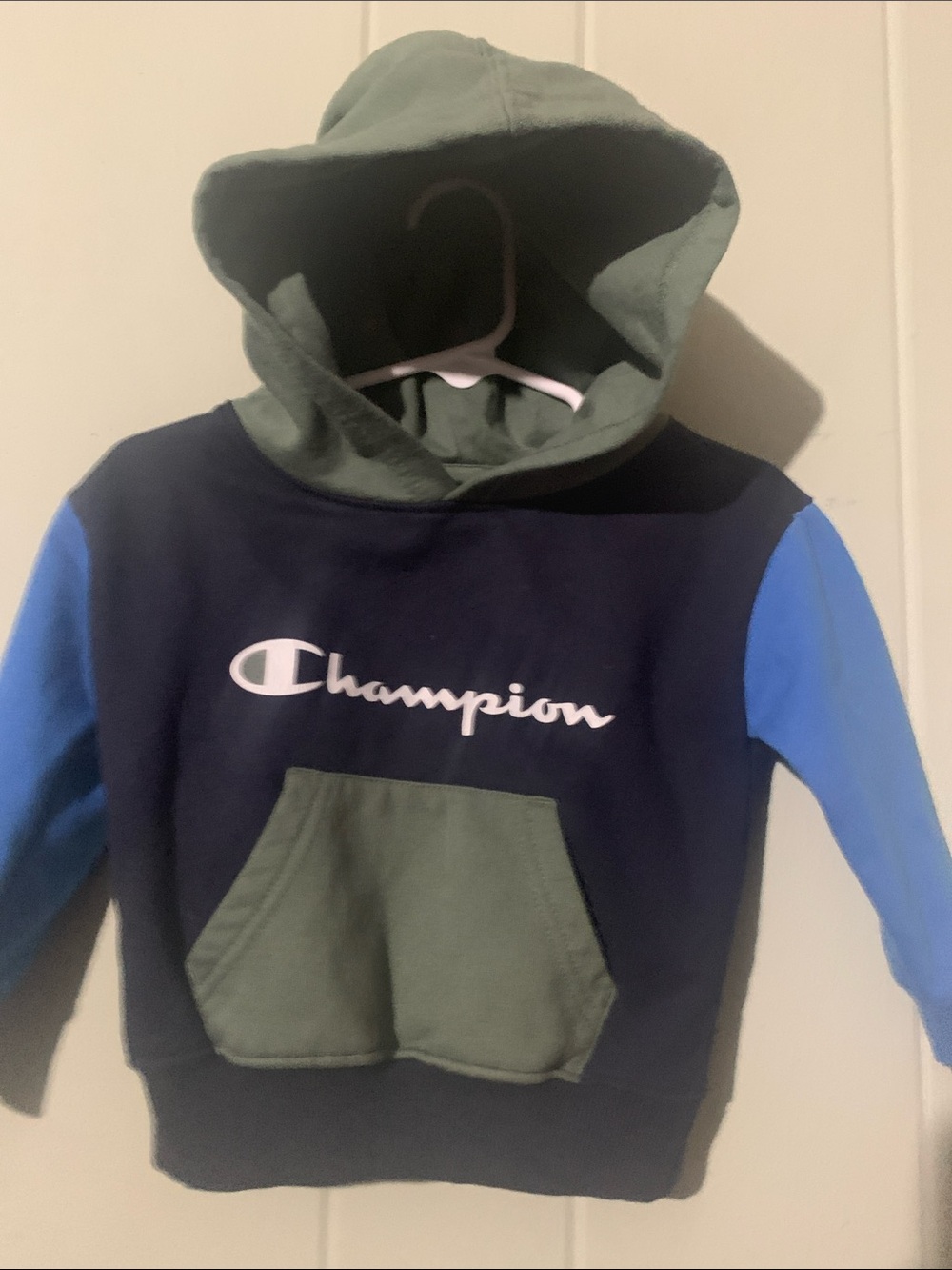 Champion Colorblock Pullover Hoodie in Navy, Olive & Blue